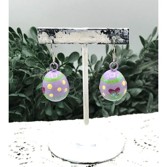 Vintage Hand-Painted Easter Egg Dangle Earrings With Polka Dots & Floral Accents - Picture 2 of 4